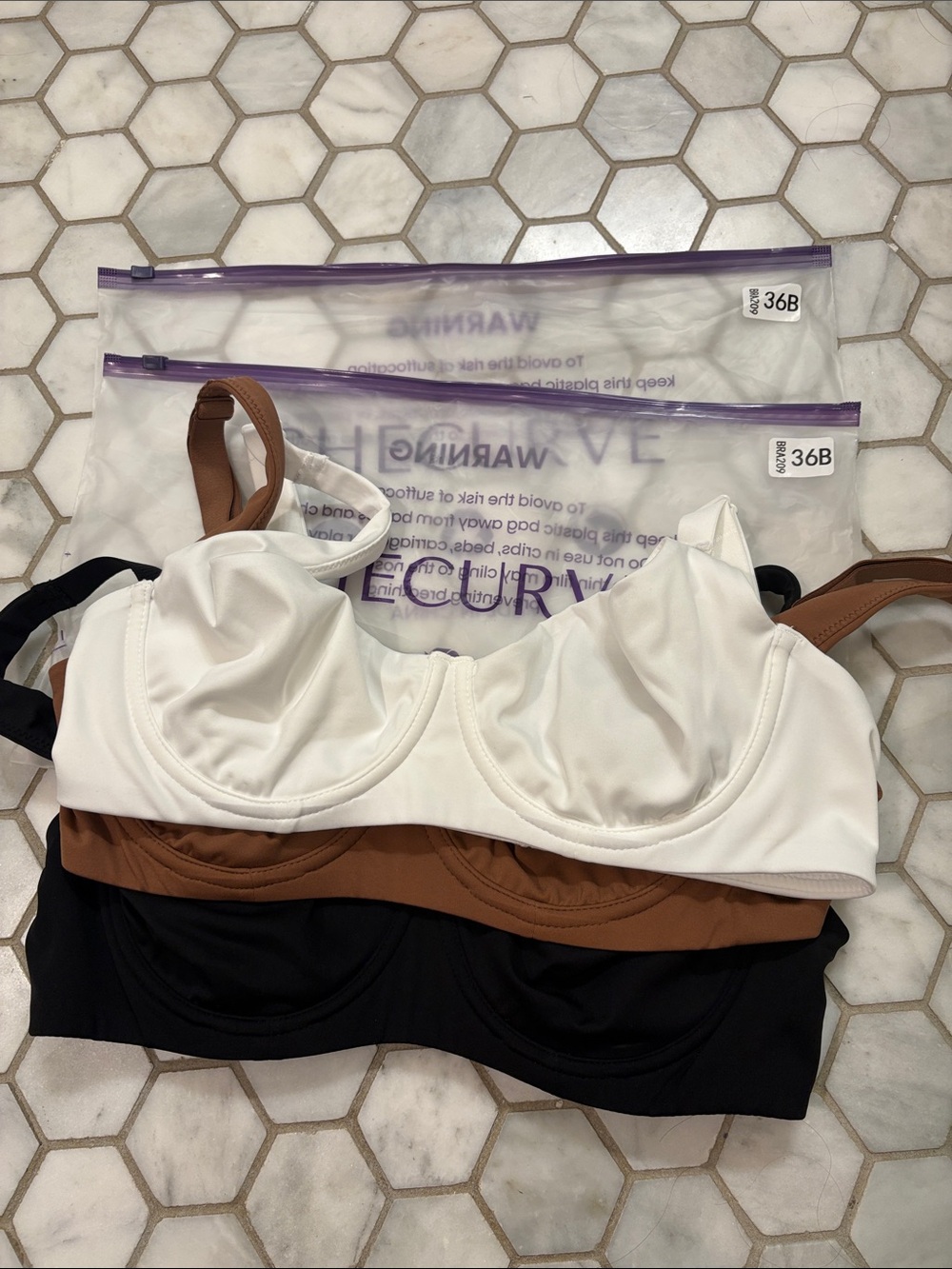 Underwire Support Seamless Unlined Balconette Bra- set of 3 36B white, brown blk